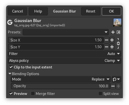 “Gaussian” filter parameters settings