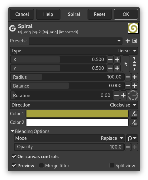 «Spiral» filter options dialog