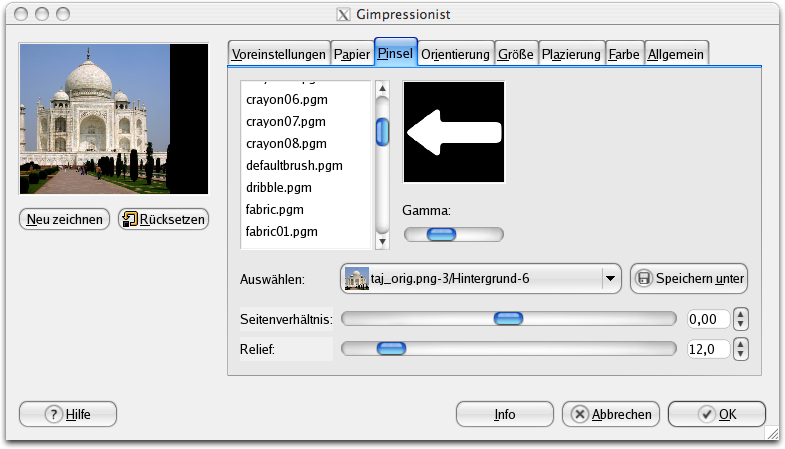 Eigenschaften (Pinsel) für das Filter GIMPressionist