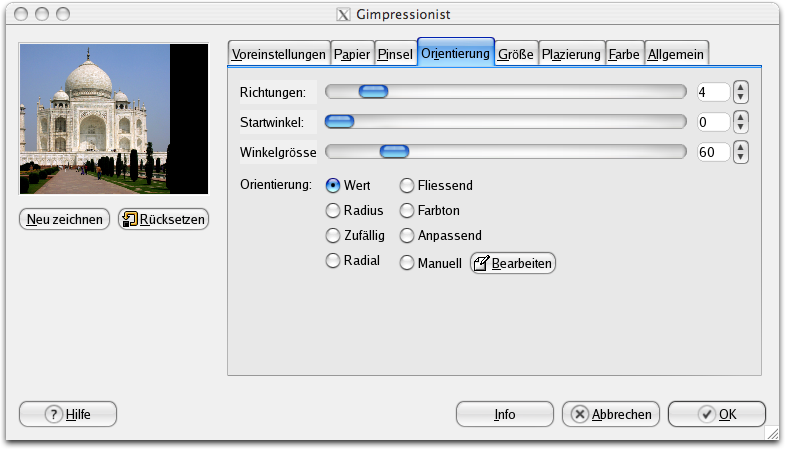 Eigenschaften (Orientierung) für das Filter GIMPressionist