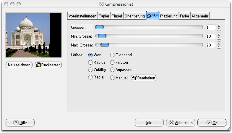 Eigenschaften (Größe) für das Filter GIMPressionist