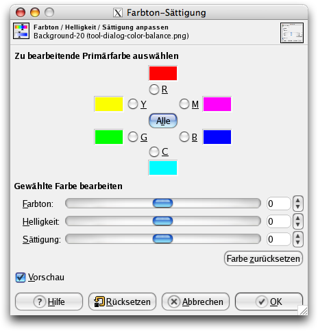 Das Dialogfenster des Werkzeuges Farbton-Sättigung