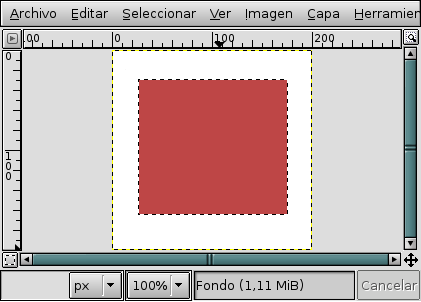 La captura de pantalla muestra como una selección rectangular se rellena con el color de primer plano.