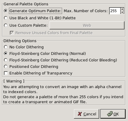 The Convert Image to Indexed Colors dialog