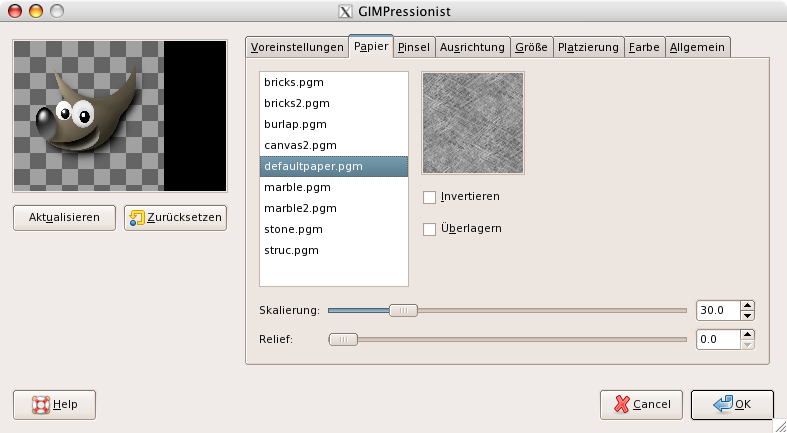 Eigenschaften (Papier) für das Filter GIMPressionist