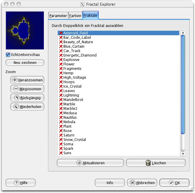 Eigenschaften (Fraktale) für das Filter Fraktal-Explorer