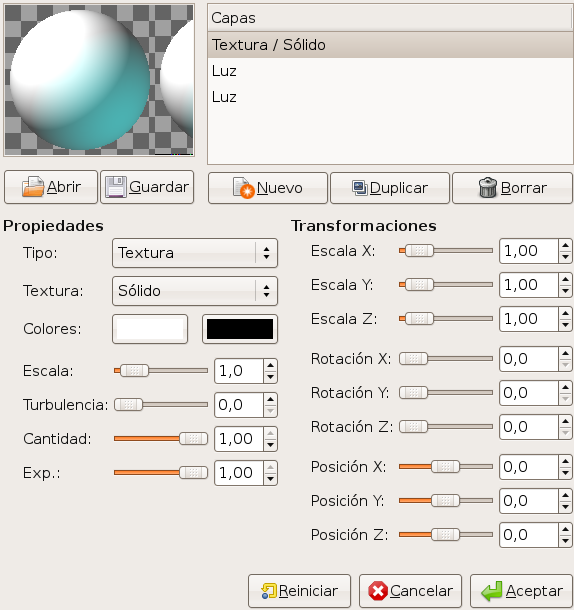 Opciones del filtro Diseñador de esferas