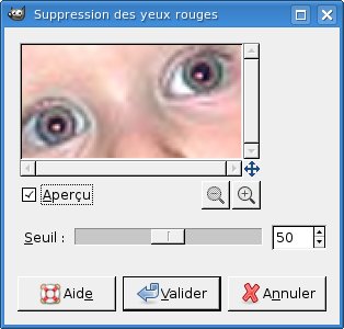 Options du filtre Suppression des yeux rouges