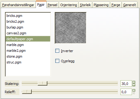 Innstillingane for Papir i filteret GIMPressionist