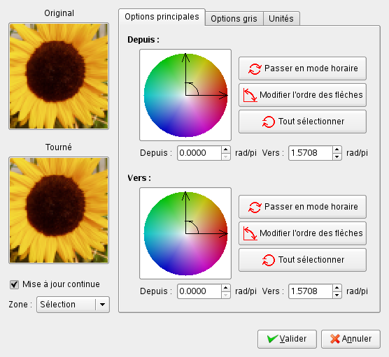 Options (Principales) du filtre Rotation de la carte des couleurs