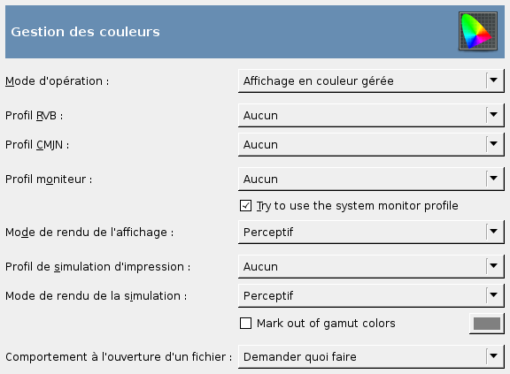 Réglage des profils colorimétriques ICC dans GIMP