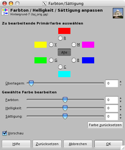 Das Dialogfenster des Werkzeuges Farbton/Sättigung