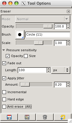 Tool Options for the Eraser tool