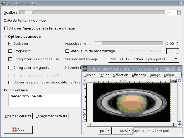 Fenêtre d'enregistrement en JPEG