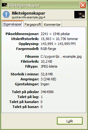 Dialogvindauget med biletinformasjonar