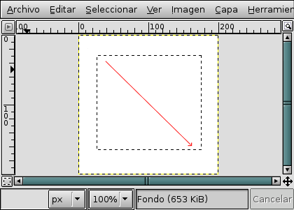 La captura de pantalla muestra como se crea una selección rectangular. Mueve el ratón en la dirección de la flecha roja mientras mantienes pulsado el botón izquierdo del ratón.