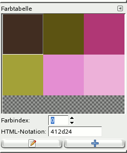 Ein Bild mit 6 Farben im Modus „Indiziert“ und der zugehörige Farbtabellendialog