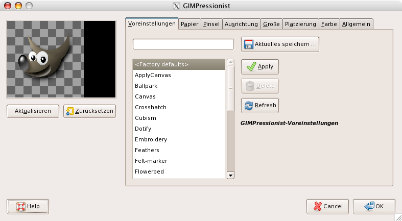 Eigenschaften (Voreinstellungen) für das Filter „GIMPressionist“