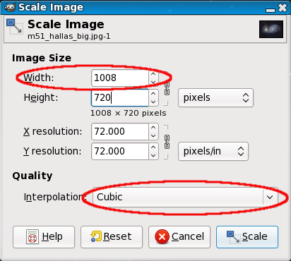Dialog for Image Scaling in Pixels