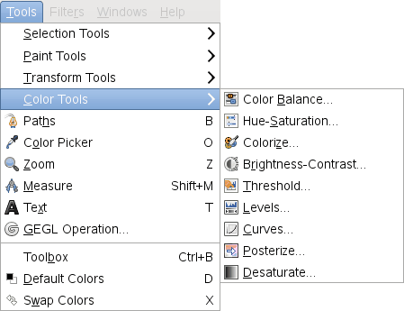 The Color tools in the Tools menu