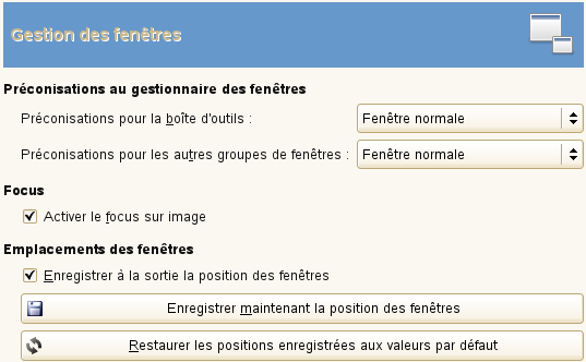 Préférences pour la gestion des fenêtres