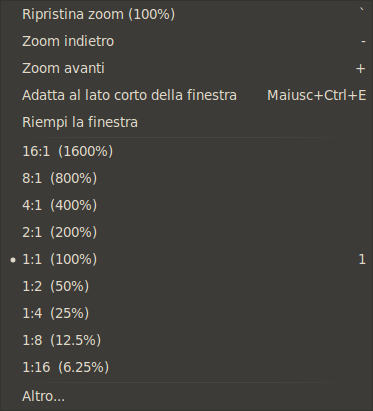 Il sottomenu «Zoom» del menu «Visualizza»