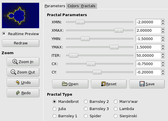 “Parameters” options for Fractal Explorer filter
