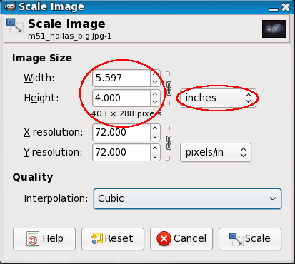 Dialog for Image Scaling in Inches