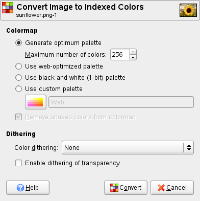 The «Convert Image to Indexed Colors» dialog