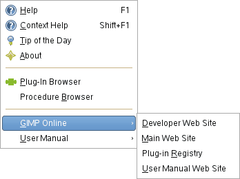 The «GIMP Online» submenu of the Help menu