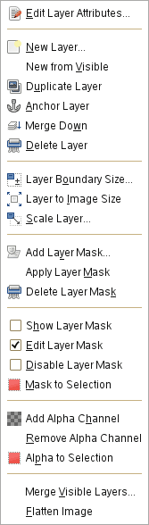 The Contents of the «Layer» local pop-menu