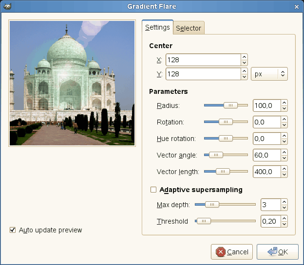 Gradient Flare filter options (Settings)