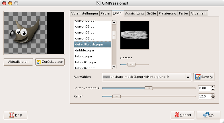 Eigenschaften (Pinsel) für das Filter GIMPressionist