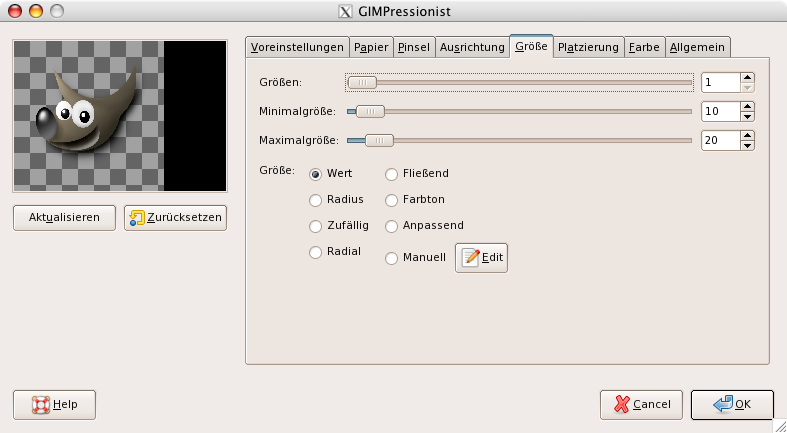 Eigenschaften (Größe) für das Filter GIMPressionist