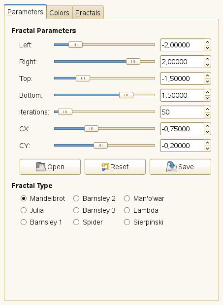 Fractal Explorer filter options (Parameters)
