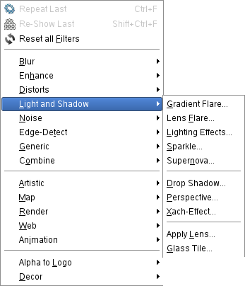 El menú de filtros de luces y sombras