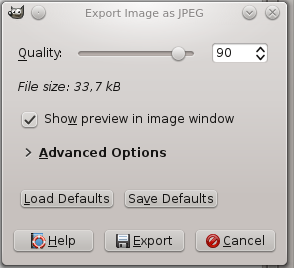 Diálogo Exportar imagen como JPEG con calidad predeterminada
