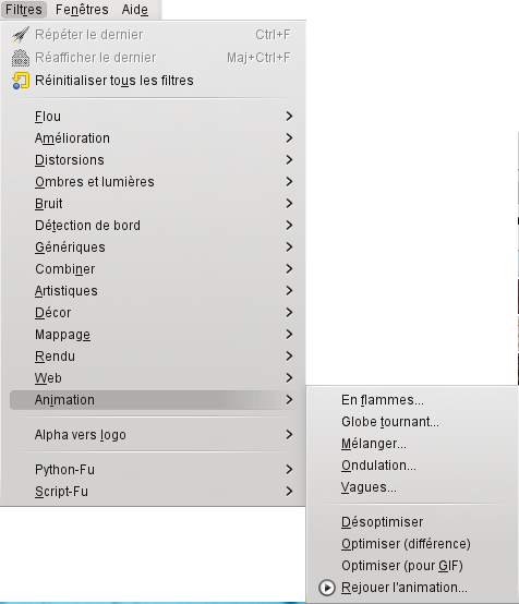 Le menu des filtres Animation
