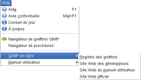 Le sous-menu GIMP en ligne du menu Aide