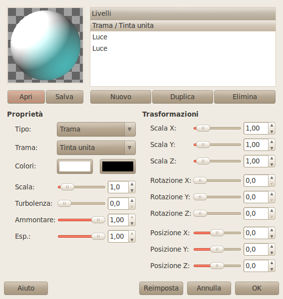 Parametri del filtro designer sfera