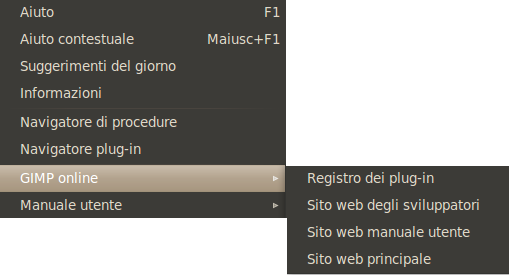 Il sottomenu GIMP Online del menu Aiuto