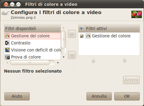 La finestra di dialogo configura i filtri di colore a video