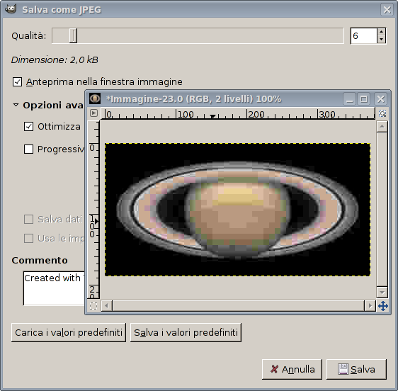 Finestra di dialogo Esporta immagine come JPEG con qualità predefinita.