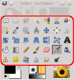 Os ícones das ferramentas na caixa de ferramentas