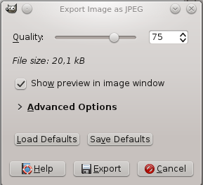 Export Image as JPEG dialog with quality 75