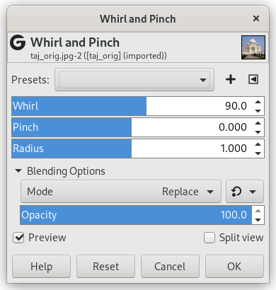 „Whirl and Pinch“ filter options