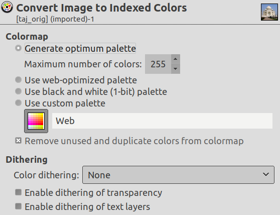 El diàleg «Converteix la imatge a colors indexats»