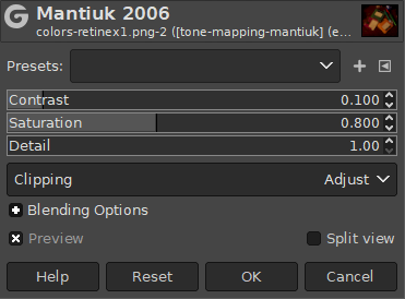 Opcions del diàleg del filtre «Mantiuk 2006»