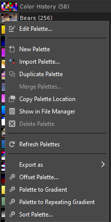 The „Palettes“ context menu