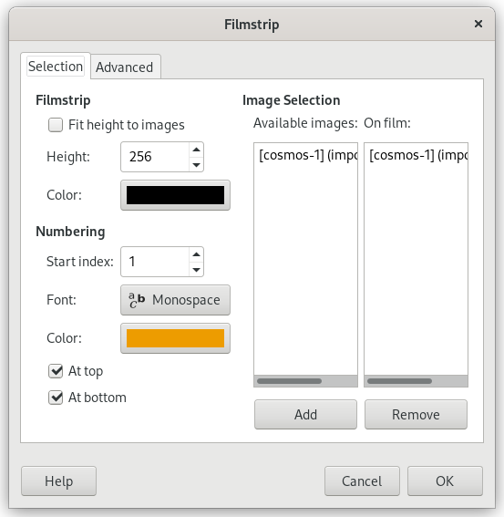 „Filmstrip“ filter options (Selection)